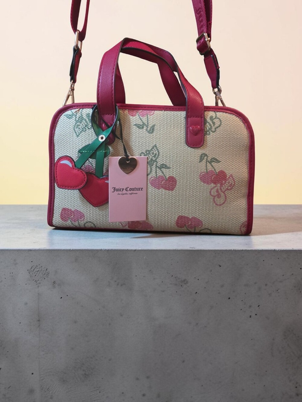 Juicy Couture Pink Cherry Print Satchel with Heart Charm - Picture 5 of 11